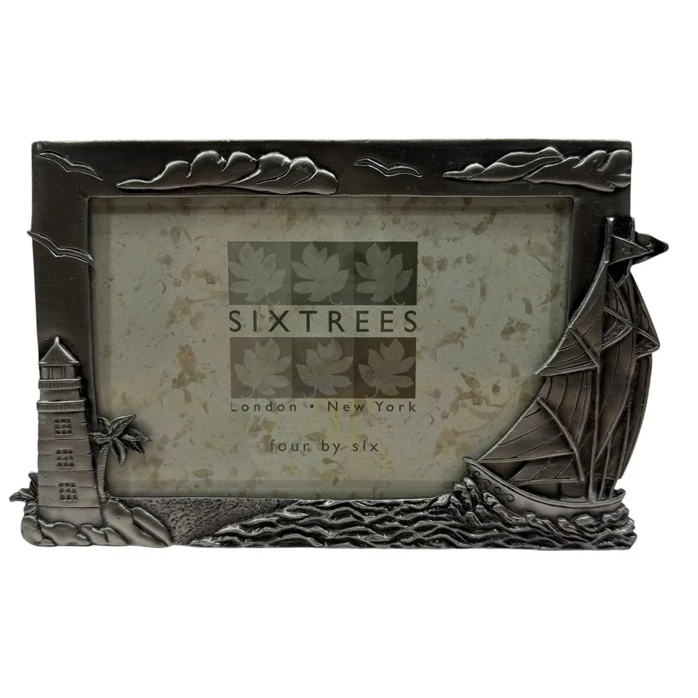 Sixtrees Nautical Pewter Tone 4x6 Picture Frame Lighthouse Sailboat Coastal